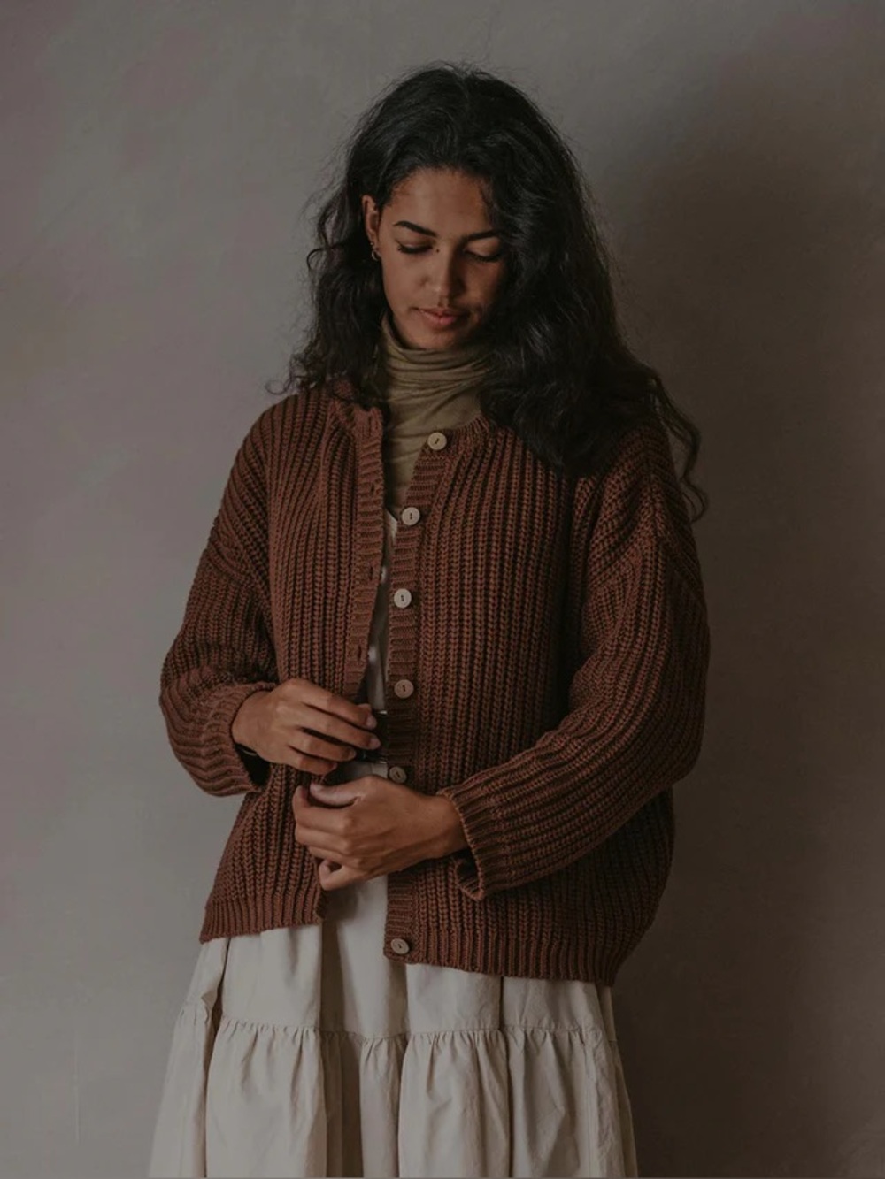 Chunky Brown Knit Cardigan Sweater - Women